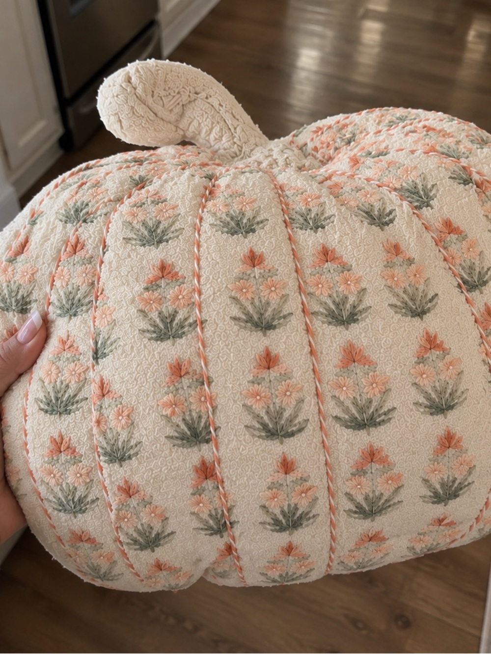 Home Holiday Floral Pumpkin Pillow - Cream and Peach